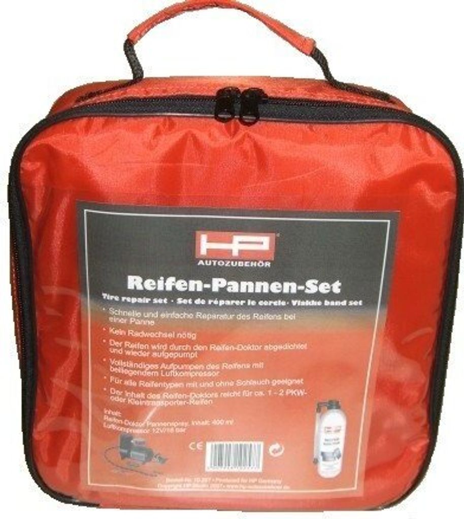 A red carrying case for a tire repair kit with a label showing product details.