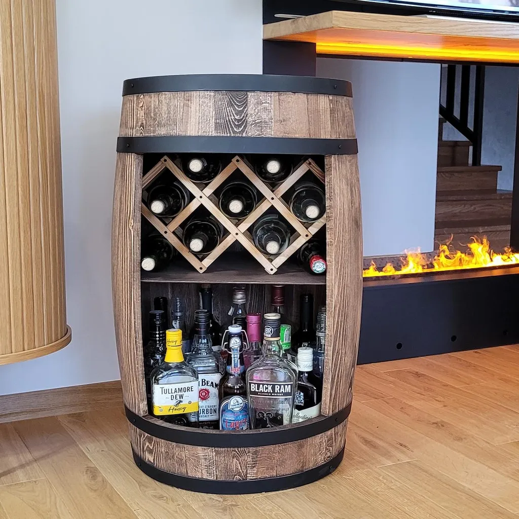 Bar Tonneau avec Support Bouteilles Intégré, Finition Wengé 80x50cm