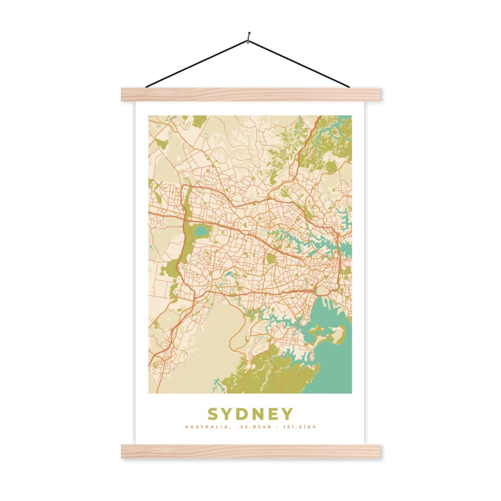 MuchoWow Textilposter Sydney - Karte - Vintage - Stadtplan 120x180 cm mit holzfarbenen Rahmen - Textil-Plakat