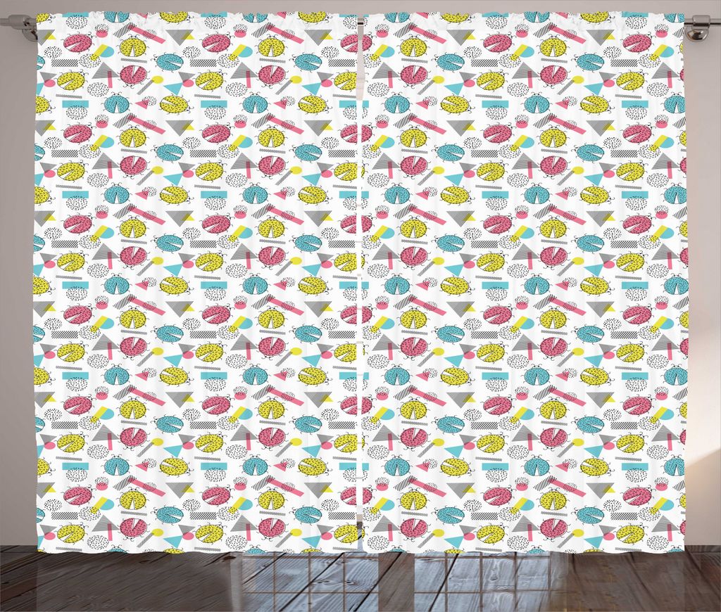 ABAKUHAUS Abstrakt Rustikaler Vorhang, Memphis Stil Marienkäfer, Wohnzimmer Universalband Gardinen mit Schlaufen und Haken, 280 x 225 cm, weiß Mu...