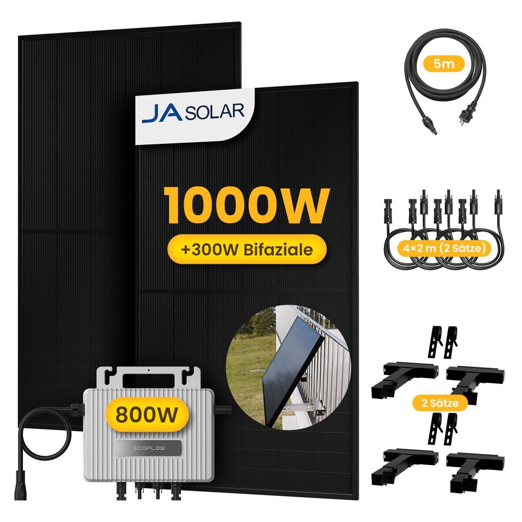 Powerness Balkonkraftwerk, JA Solar 1000W Bifazial Glas-Glas Module und EcoFlow 800W Mikro-Wechselrichter & 4x MC4 Kabel, 2x Balkon-Halterung(Schwarz)