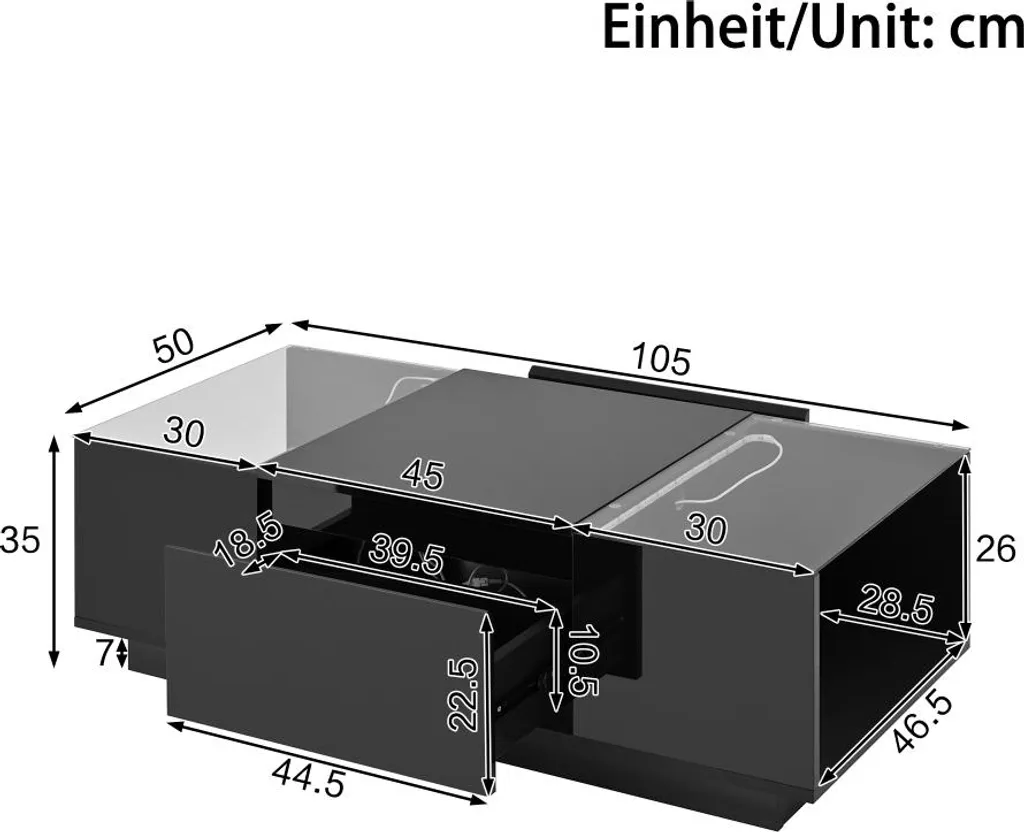 Table Basse de Salon Rectangulaire Design Moderne avec LED et Rangement
