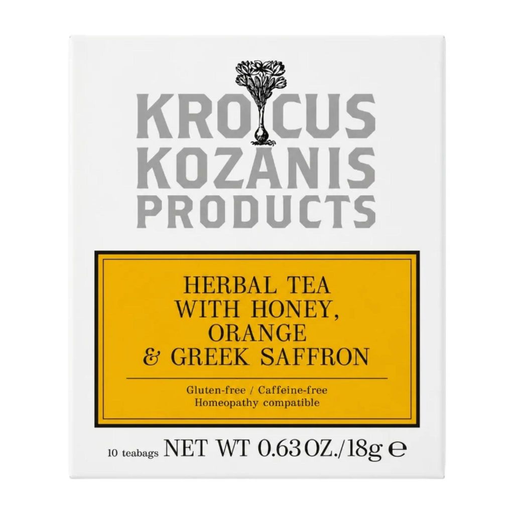 Krocus Kozanis Bio Kräutertee Honig Orange Safran 18 g Packung auf Weiß