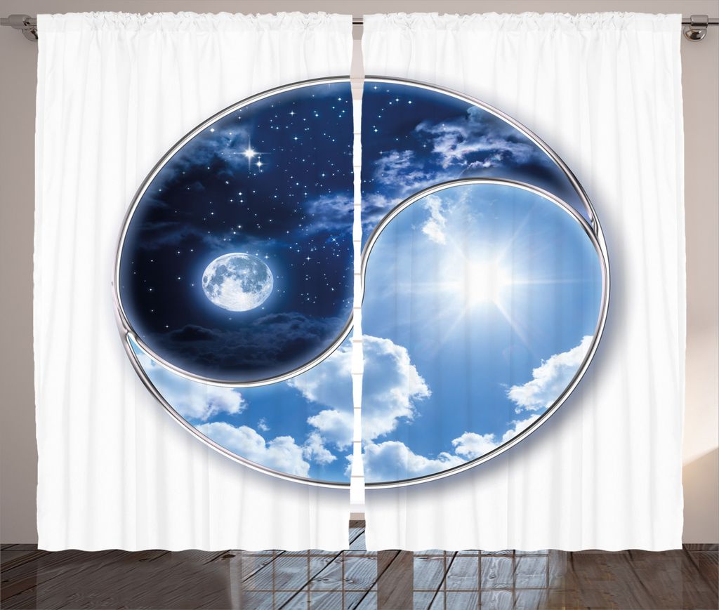 ABAKUHAUS Platz Rustikaler Vorhang, Mond und Sonne Figuren, Wohnzimmer Universalband Gardinen mit Schlaufen und Haken, 280 x 225 cm, Marineblau Him...