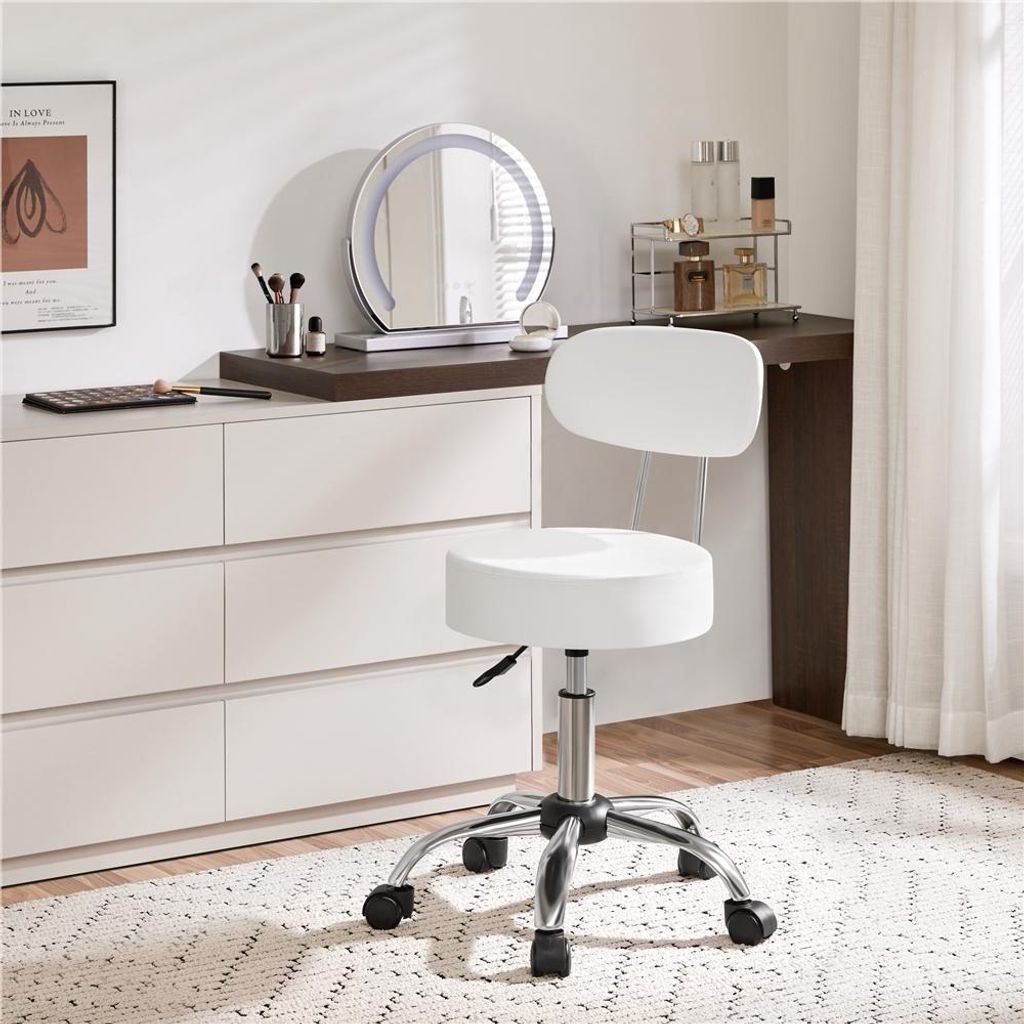 Yaheetech Drehhocker Rollhocker mit abnehmbaren Rückenlehnen, höhenverstellbarer Arbeitshocker, 75.5-85cm, mit Rollen, Weiß