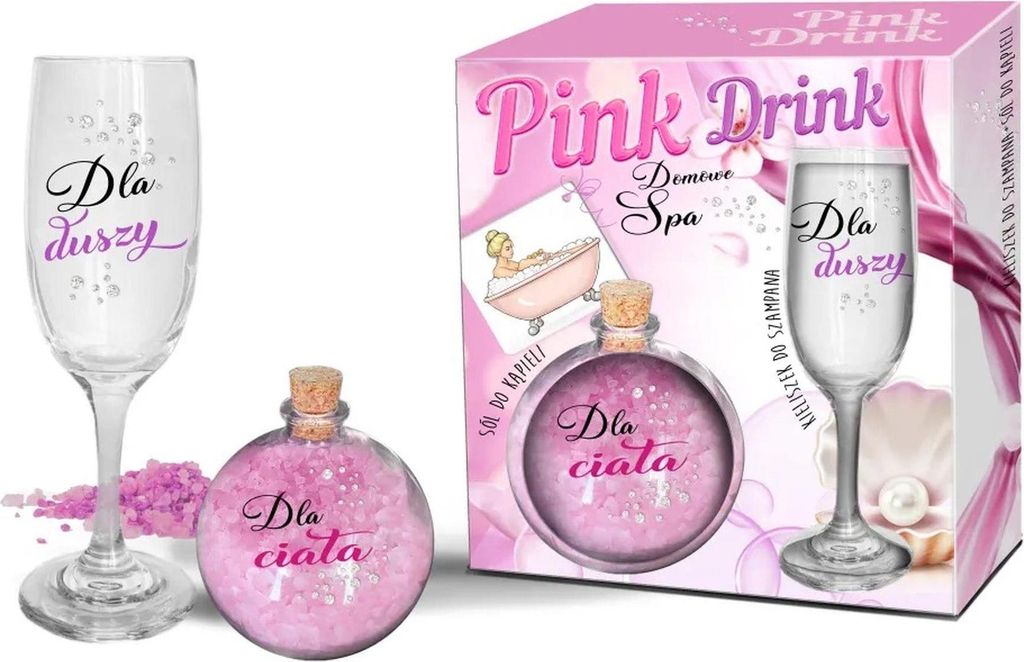 PINK DRINK Zestaw kieliszek do szampana i kula z solą do kąpieli Dla duszy. Dla ciała.