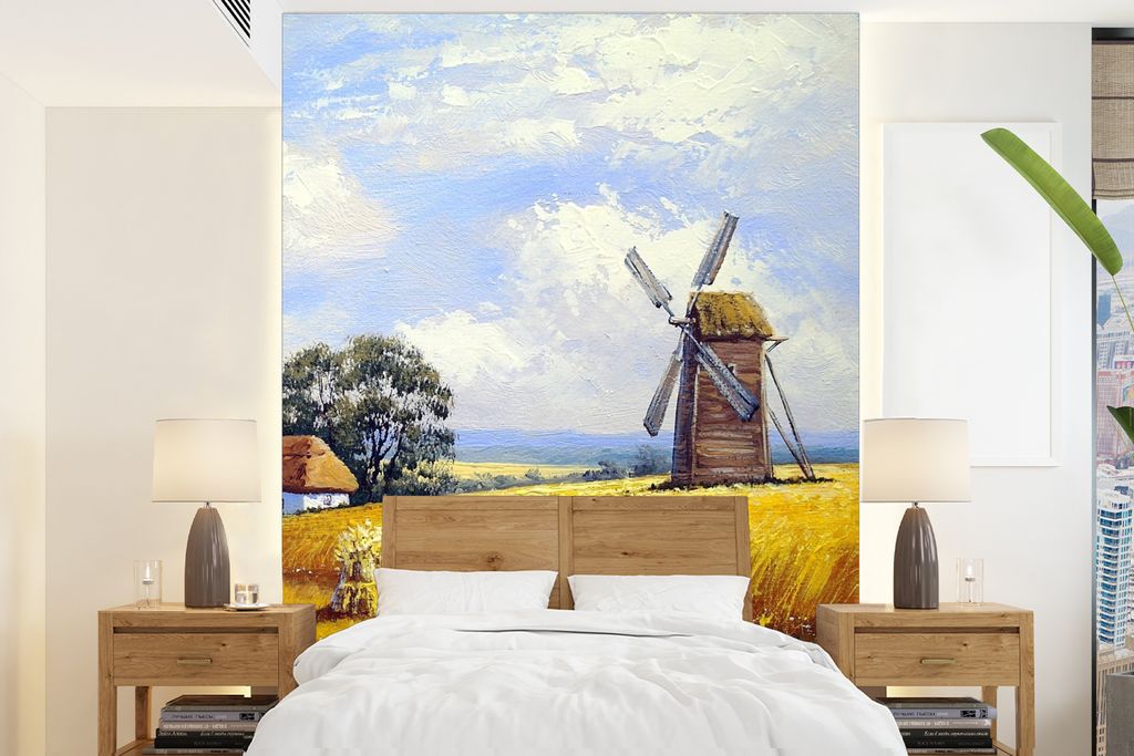 MuchoWow Fototapete für Wohnzimmer oder Schlafzimmer Wandtapete Vinyl Motivtapete Gemälde - Bauernhof - Mühle - Ölfarbe - 190x260 cm - Papier...