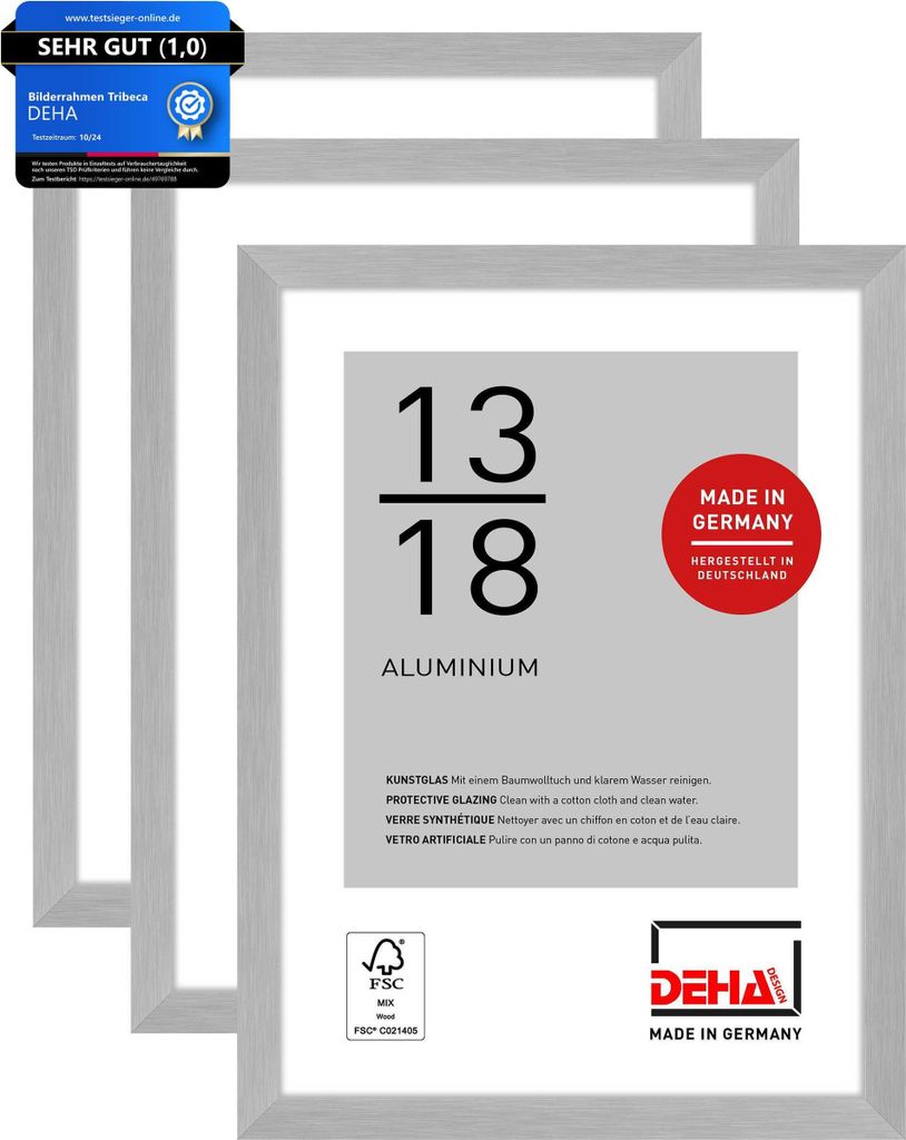 DEHA Design Aluminium Portraitrahmen, Bilderrahmen 3er SET Tribeca, 13x18 cm, Struktur Silber Matt