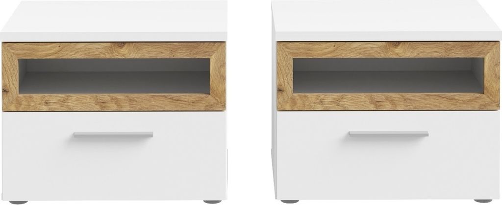Nachtkommode >MAYACUS< 2er Set, 1 Schublade, 1 Fach, weiß, Eiche Nachbildung - 52x40,8x41,3cm BxHxT