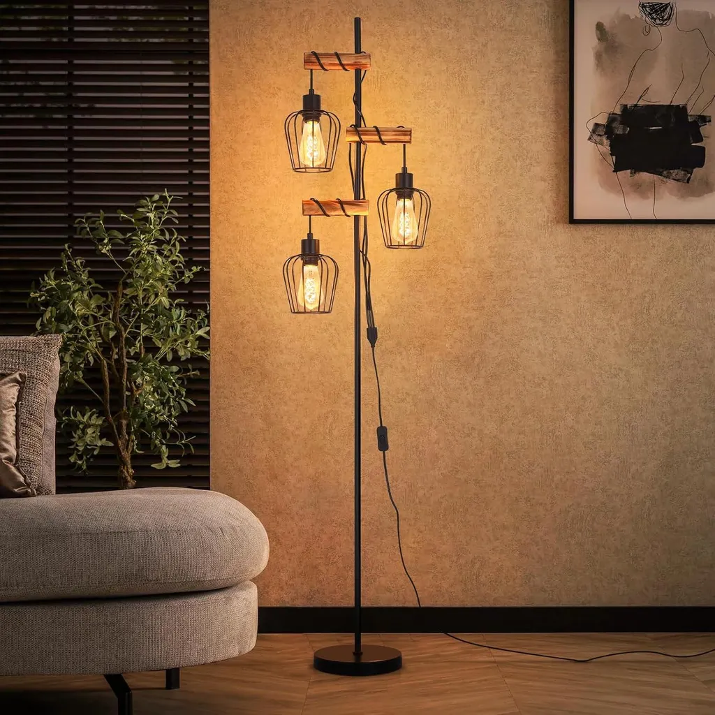 Lampadaire salon 3 lumières bois naturel - Éclairage sur pied 160cm