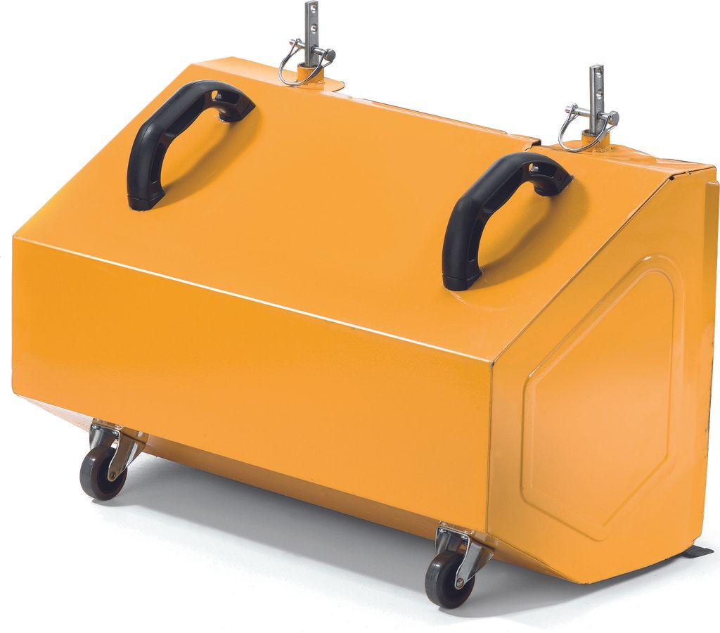 A yellow collection bin with black handles and wheels, shown at an angle on a white background.