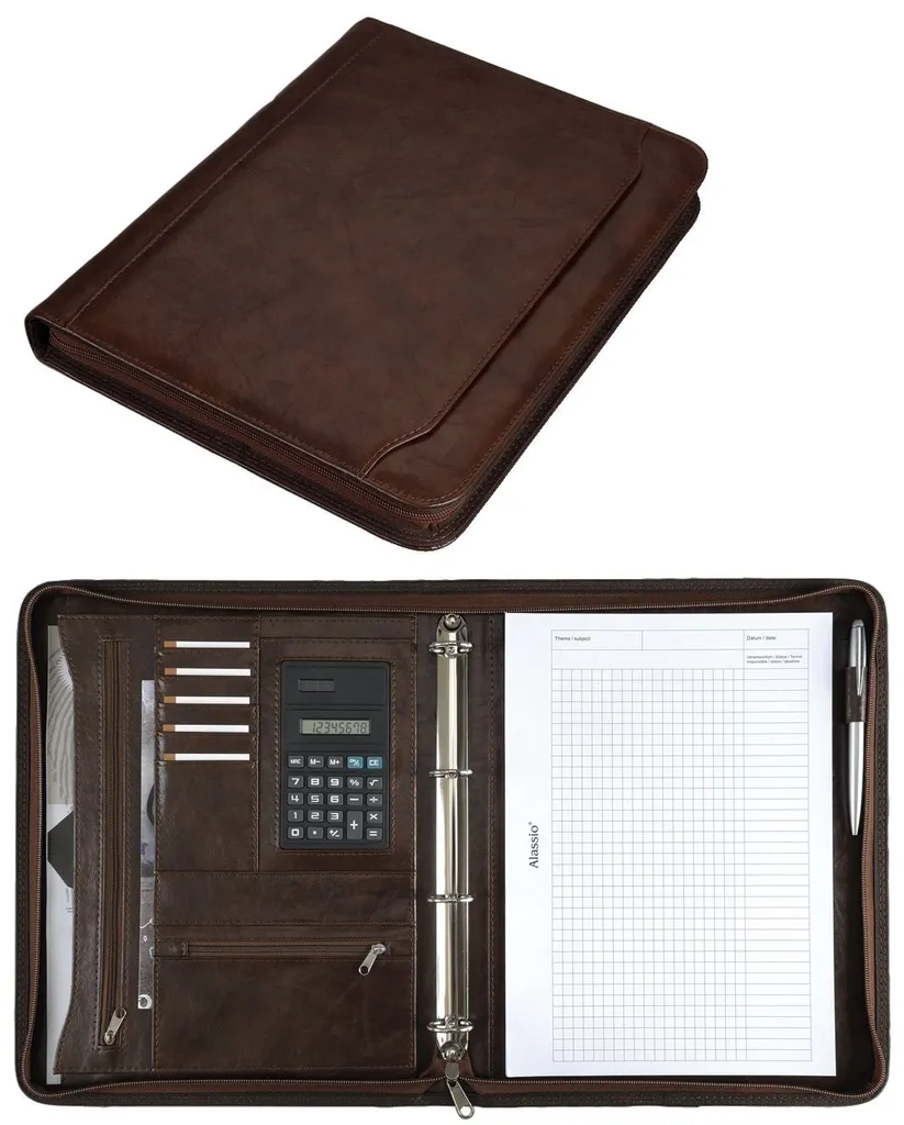 Alassio 30064 Classeur à anneaux MASSA A4 en simili cuir marron élégant