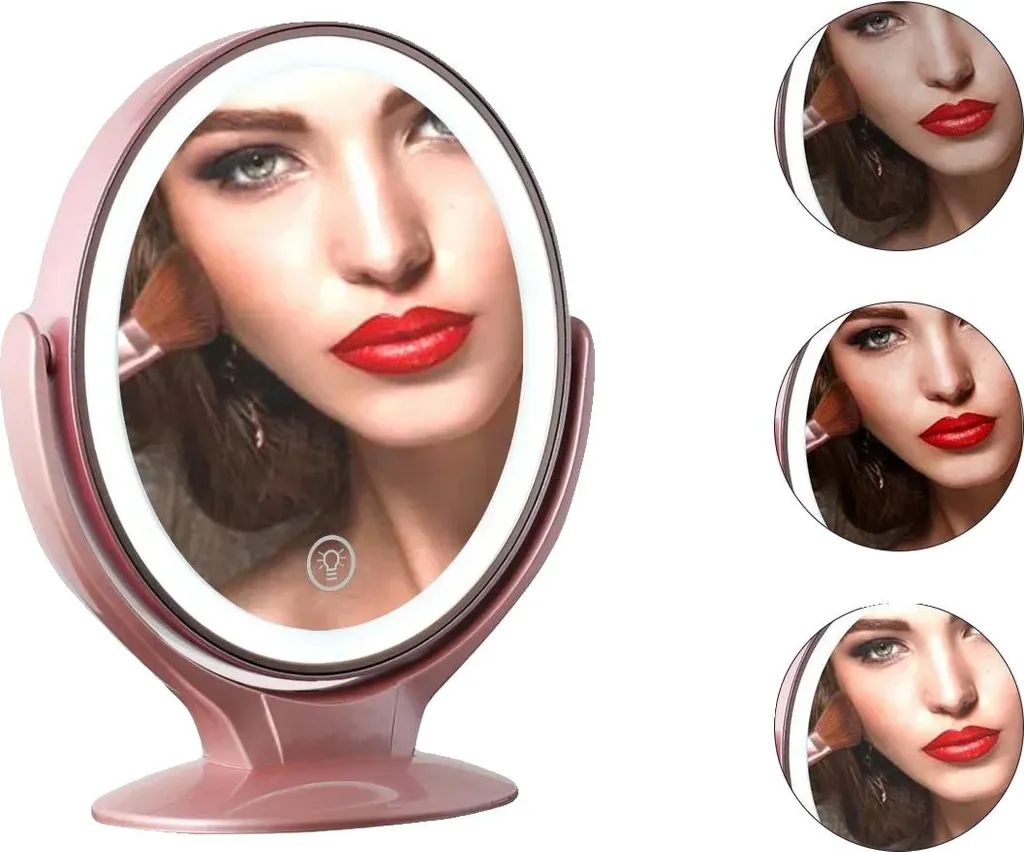 Specchio Trucco LED Rosa Ricaricabile USB - Specchiera da Tavolo Portatile