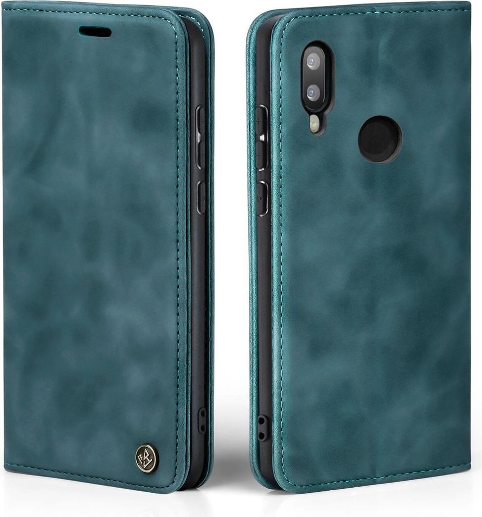 A teal-colored flip case for a Huawei P20 Lite phone, shown from two angles.