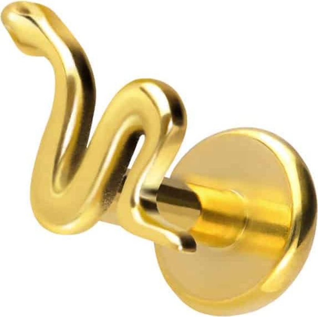 Ohrpiercing, Nasenpiercing Titan Labret mit Push Fit SCHLANGE Gold Stablänge: 7mm | Stabstärke: 1,2mm