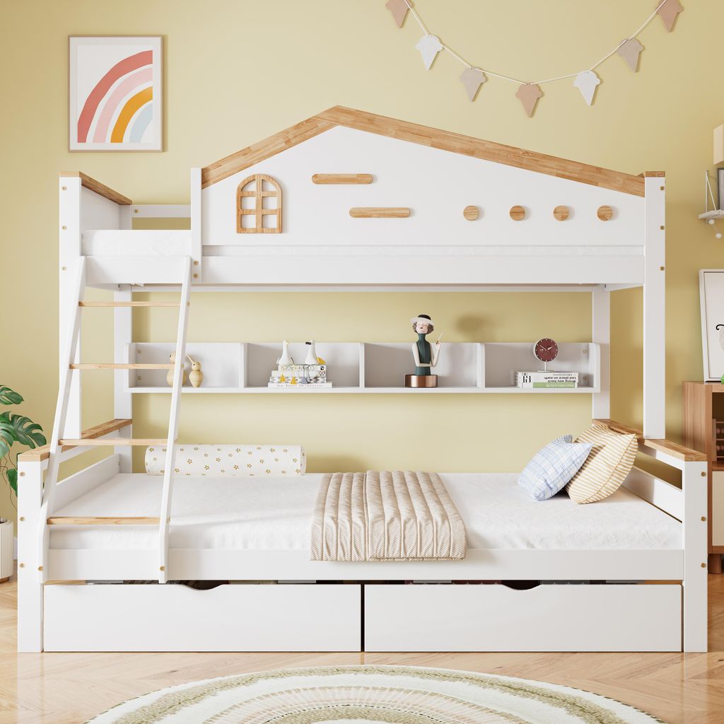 A bunk bed with storage drawers and shelves, decorated with a rainbow picture and a garland.