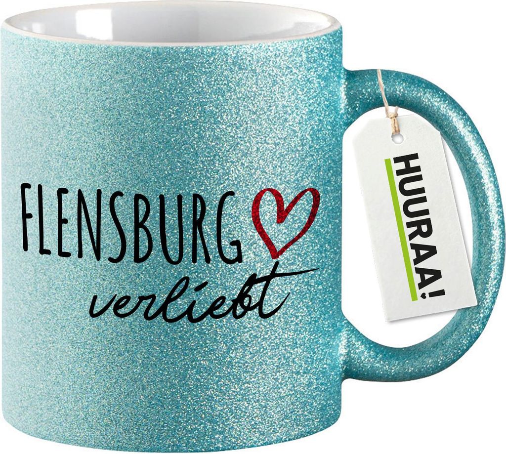 Huuraa Glitzertasse Flensburg verliebt 330ml Blau Keramik Kaffeebecher Geschenkidee