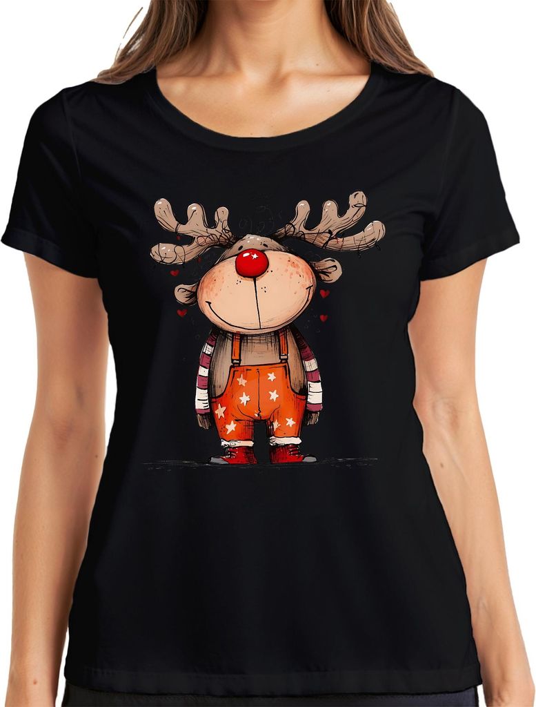 Niedliches Rentier mit roter Nase Rudolf Weihnachten Geschenk Damen T-Shirt, Schwarz, S