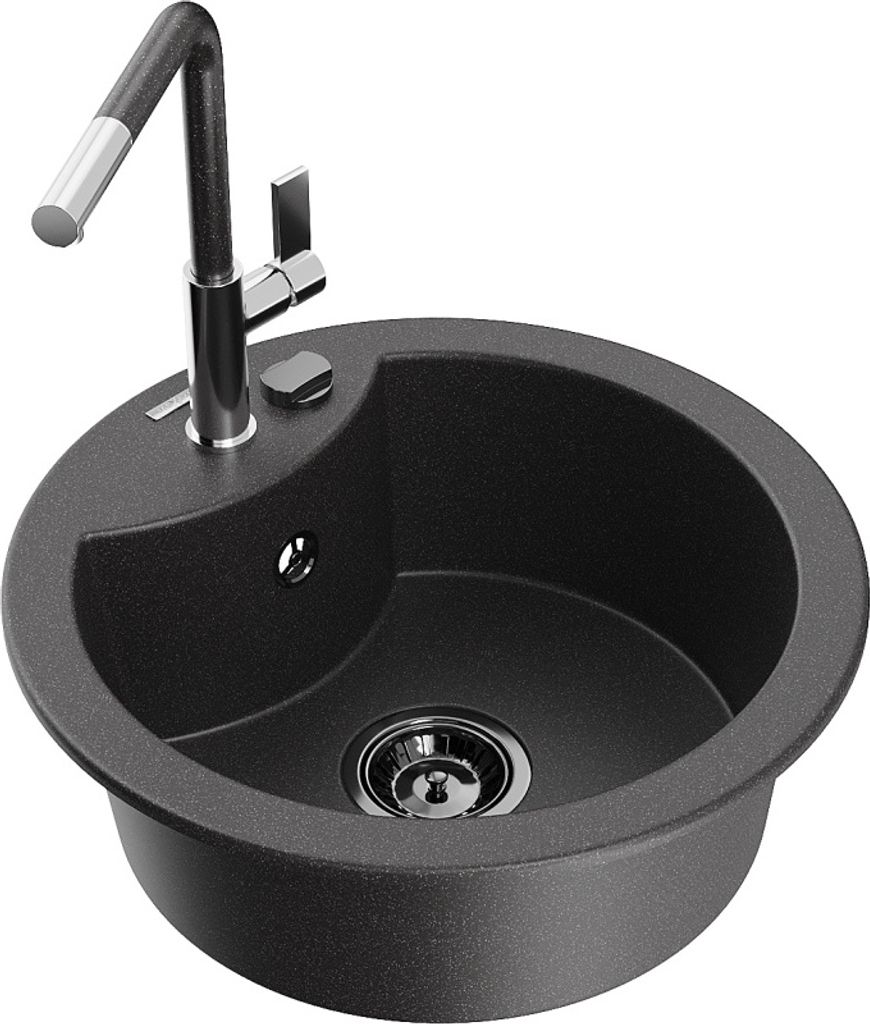 Mexen Diego 1-Becken-Granitspüle mit Mischbatterie Flora, Schwarz gesprenkelt - 6512-76-670401-08-B