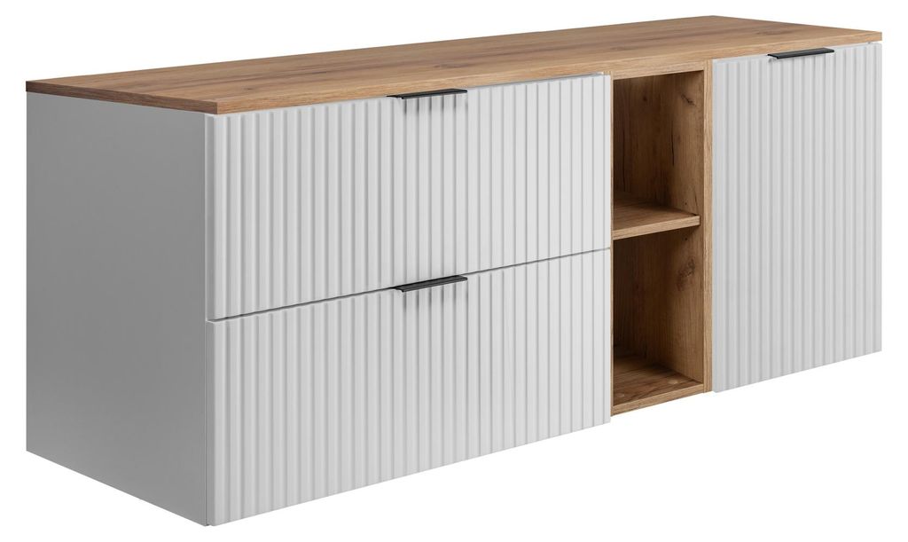 Badezimmer-Set: Schrank mit Schubladen, Schrank mit Türen und Regal 57×46×140 cm, Farbe: Weiß / Eiche Craft, schwarzer Griff