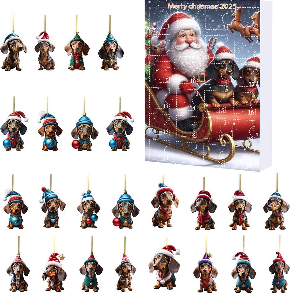 Weihnachts-Dackel-Adventskalender 2025, Weihnachts-Countdown-Kalender, 2D-Cartoon-Dackel, hängende Dekorationen, Frohes neues Jahr, Geschenk für ...