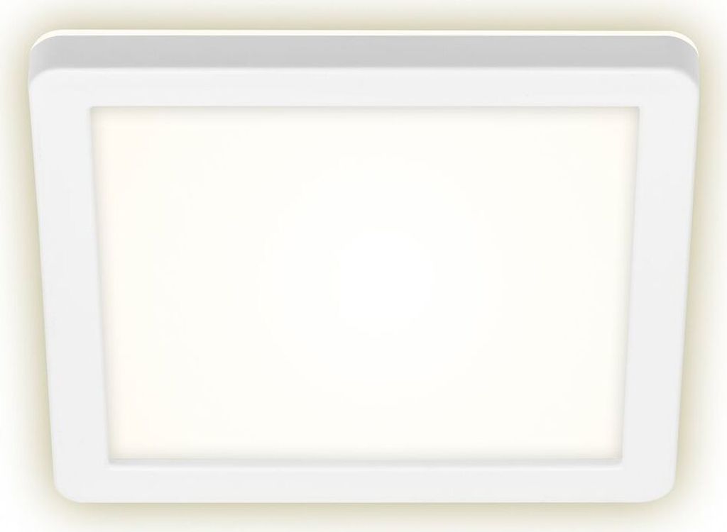 A white square LED outdoor wall light with a backlight effect.