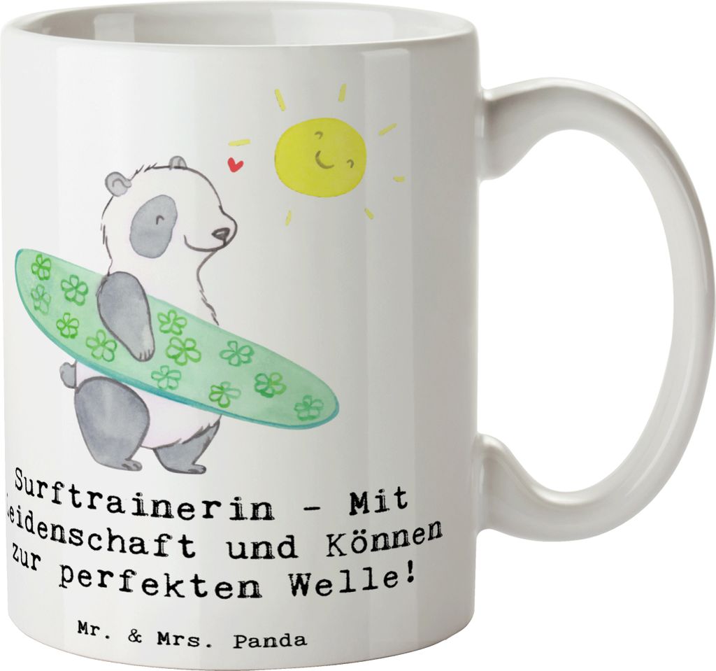 Mr. & Mrs. Panda Teetasse Surfen Trainerin - Weiß - Geschenk, Abenteuer, Tasse, perfekte Welle, Unterricht, Danksagung, Sportart, Wellensurfen, Oz...