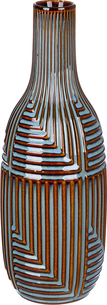 Grand Vase Bouteille Décoratif Batista en Céramique Rayée Bleu 36 cm