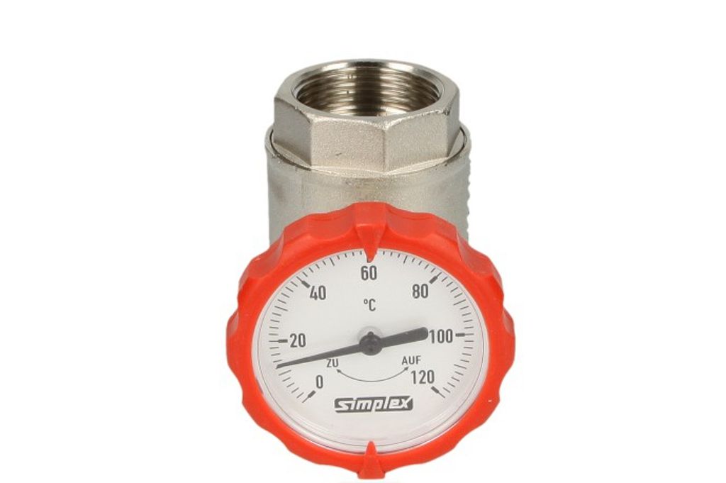 Simplex Kugelhahn 1' IG mit Thermometer rot PN 16, Baulänge 72,5 mm, Herst.-Nr F10125