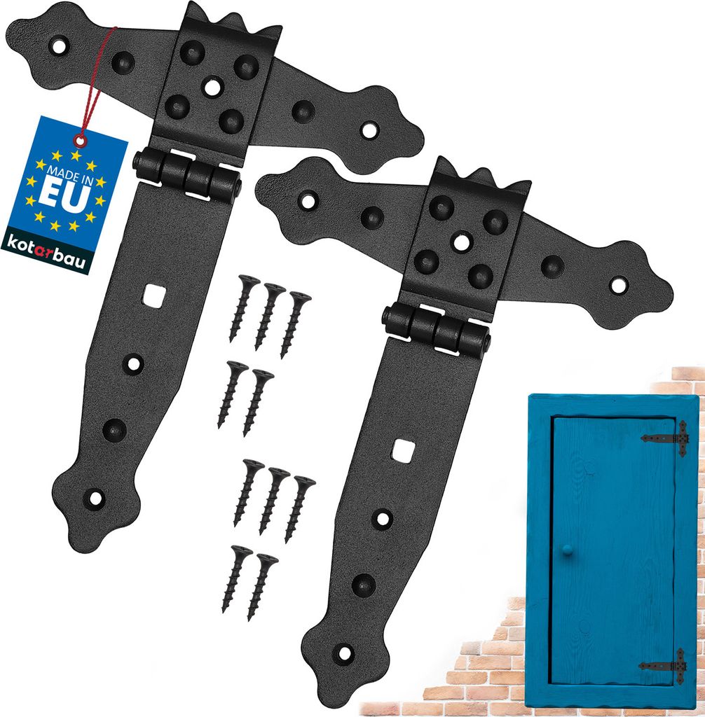 KOTARBAU 2er Set Kreuzgehänge150 mm Ladenband Scharnier Band Platte Baubeschlag Torbeschlag Holzverbindung Werfgehänge T-Scharnier T-Band Pulve...