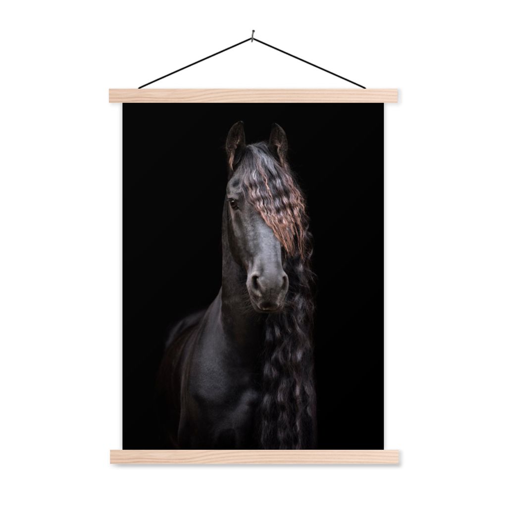 MuchoWow Textilposter Pferde - Friesisch - Mähne - Schwarz - Tiere 40x53 cm mit holzfarbenen Rahmen - Schlafzimmer