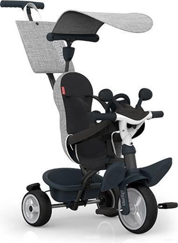 Dreirad, Smoby Baby Driver Grau, 3 in 1, Verstellbare Elternschubstange, 10 Monate bis 3 Jahre, Leise Räder, Waschbarer Bezug