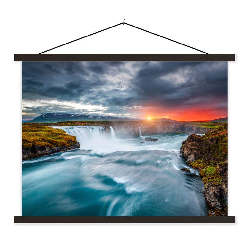 MuchoWow Textilposter Wasserfall - Sonnenuntergang - Natur - Wasser 150x113 cm mit schwarzem Rahmen - Wohnzimmer