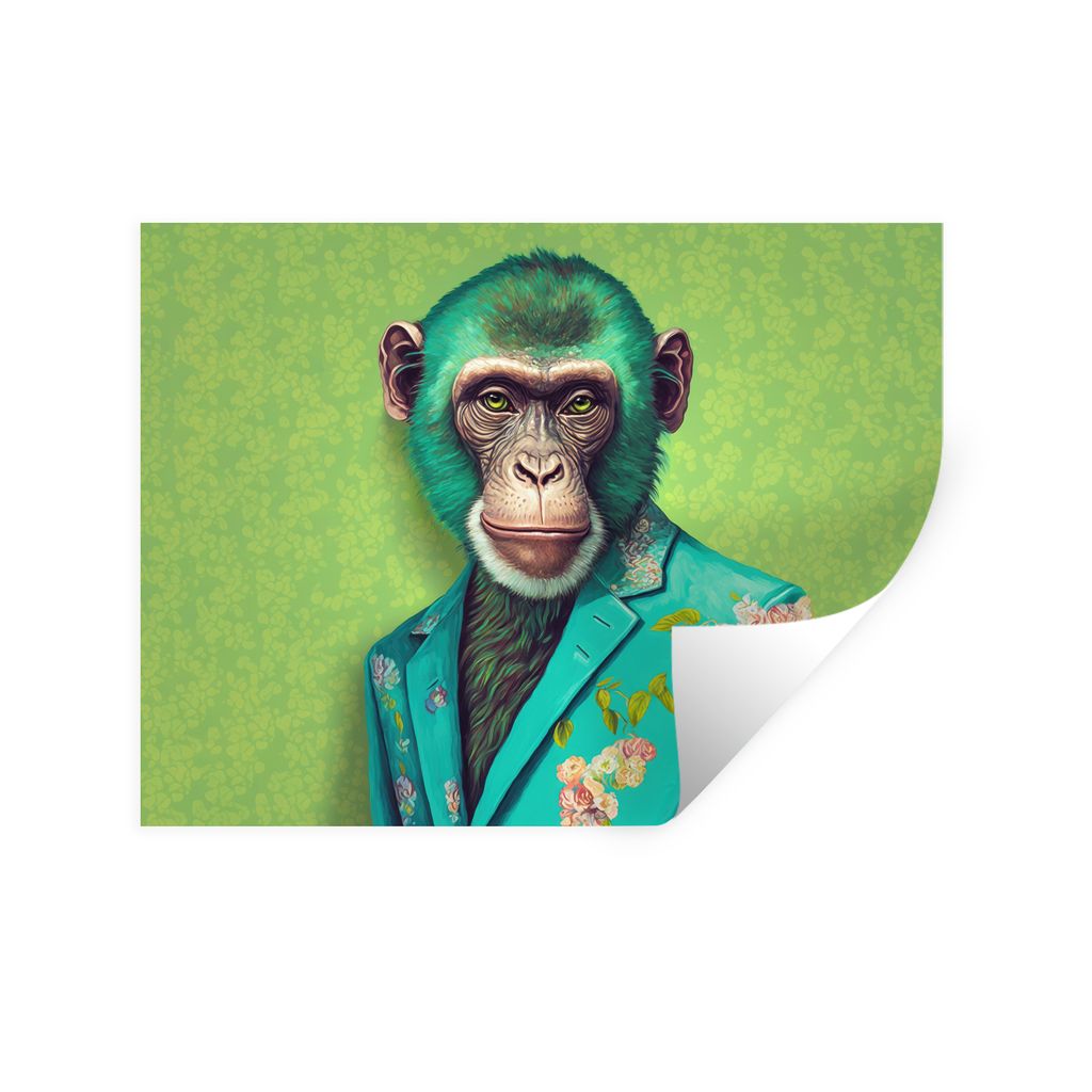 MuchoWow Wandtattoo Wandsticker Wandaufkleber Affe - Colbert - Blumen - Neon - Porträt 160x120 cm Selbstklebend und Repositionierbar - Selbstkle...