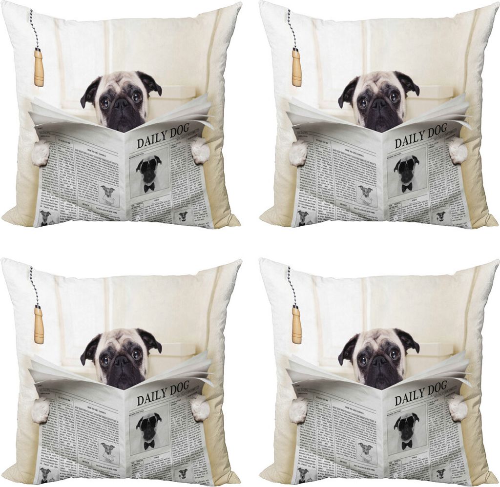 ABAKUHAUS Mops Kissenbezug Set (4 Stück), Welpen-Lesezeitung, Moderner Doppelseitiger Digitaldruck, 50 cm x 50 cm, Creme Schwarz Weiß