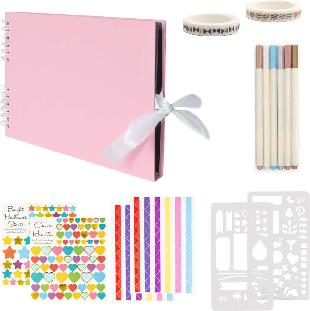 Intirilife Fotoalbum zum selbst gestalten in Rosa - 30.5 x 21.5 x 1.8 cm - Fotobuch mit Spiralbindung 80 schwarze Seiten DIY mit Stiften Stickern S...