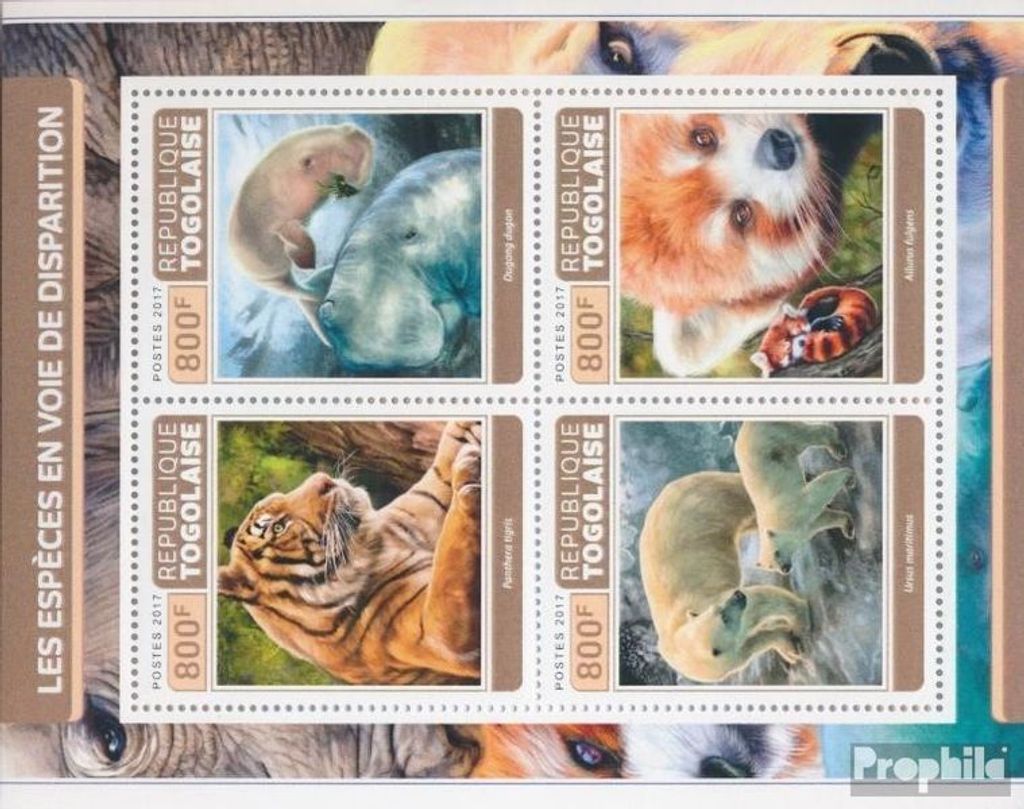 Briefmarken Togo 2017 Mi 8229-8232 Kleinbogen (kompl. Ausgabe) postfrisch Gefährdete Spezies