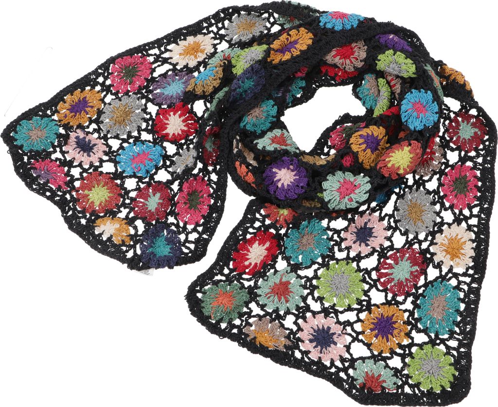 Häkelschal mit Bunten Blümchen, Boho Schal - Schwarz, Uni, Produktbild 