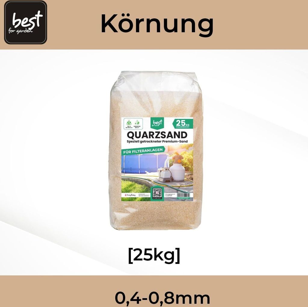 25 kg Quarzsand für Sandfilteranlage, feinkörniger Filtersand (0,4-0,8mm) – Ideal für Pool, Schwimmbad, Swimmingpool – Hochwertiger Sand fü...