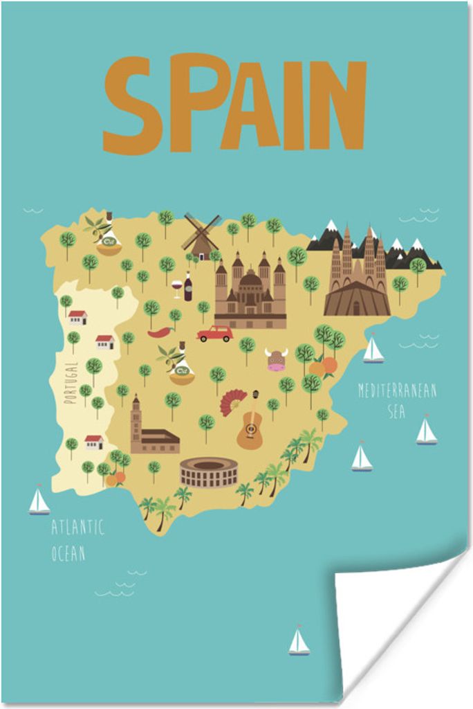 MuchoWow Poster Karte von Spanien - Kinder 40x60 cm - Plakate für die Wand - Poster Babyzimmer