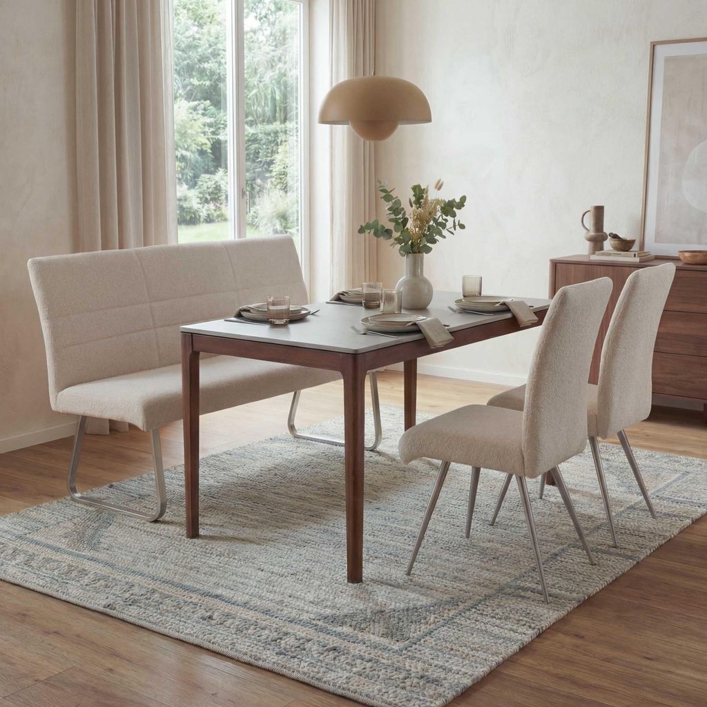 Esszimmer-Set MCW-G55, 2er-Set Stuhl + Sitzbank 180cm, Edelstahl gebürstet Stoff/Textil Chenille creme