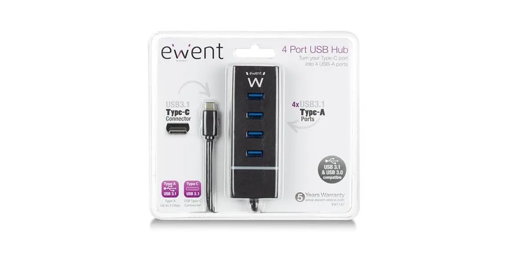 Hub USB-C Ewent EW1137 4 Porte: SuperSpeed 3.1 per MacBook e PC - 2