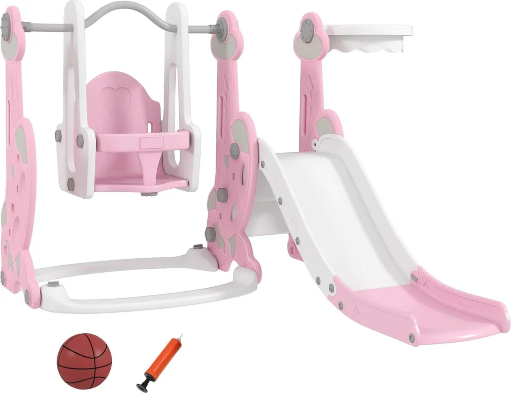 Toboggan Enfant Sécurisé 3-6 Ans, Stable et Compact avec Panier Rose