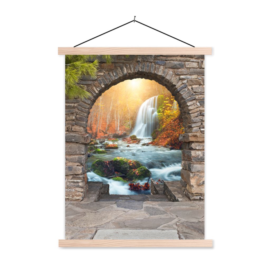 MuchoWow Textilposter Aussicht - Wasserfall - Herbst - Landschaft 120x160 cm mit holzfarbenen Rahmen - Plakatkarton