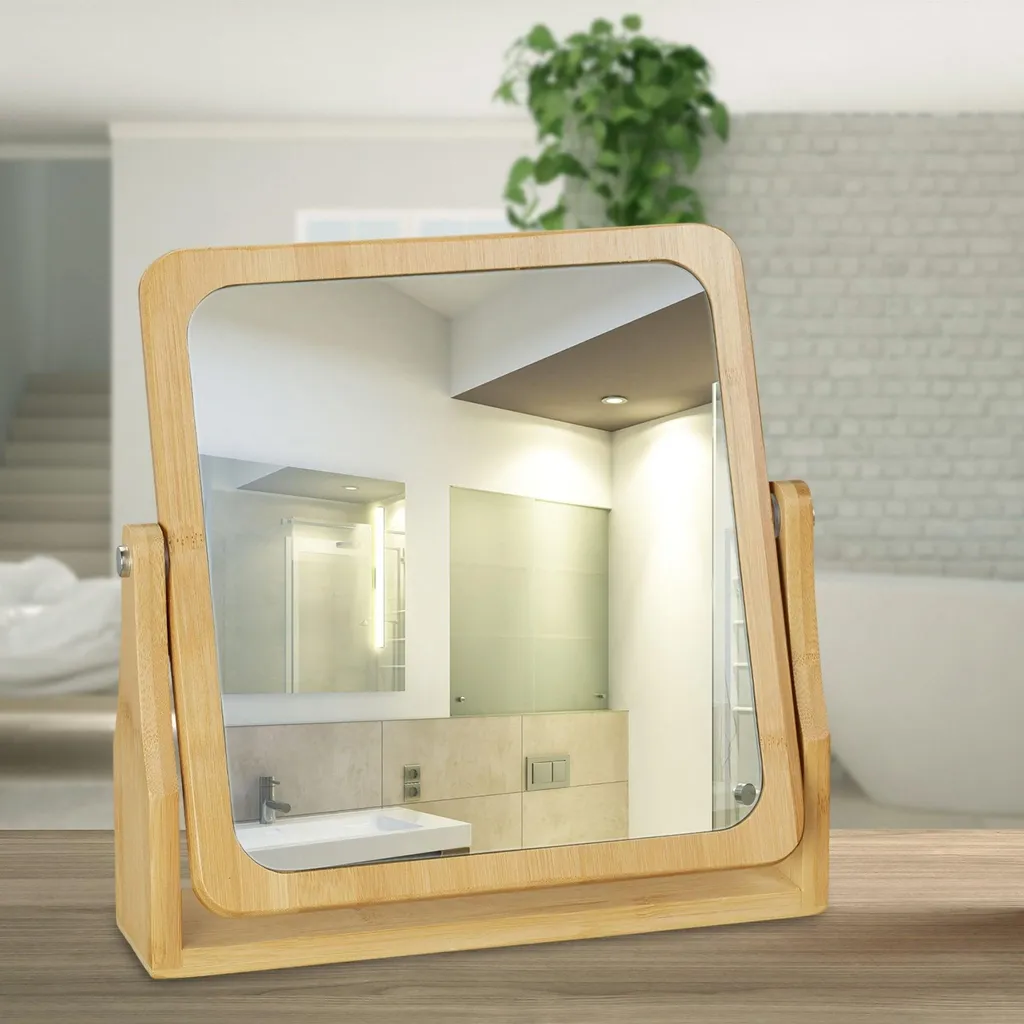Miroir de table rectangulaire en bois de bambou avec support stable