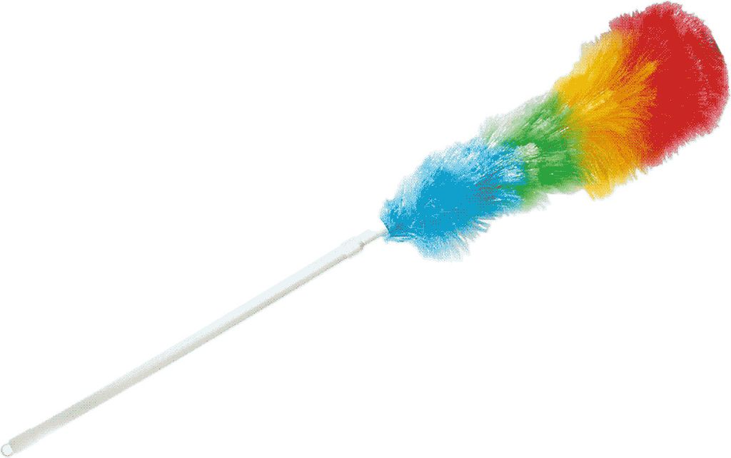 A colorful duster with a white handle against a white background.