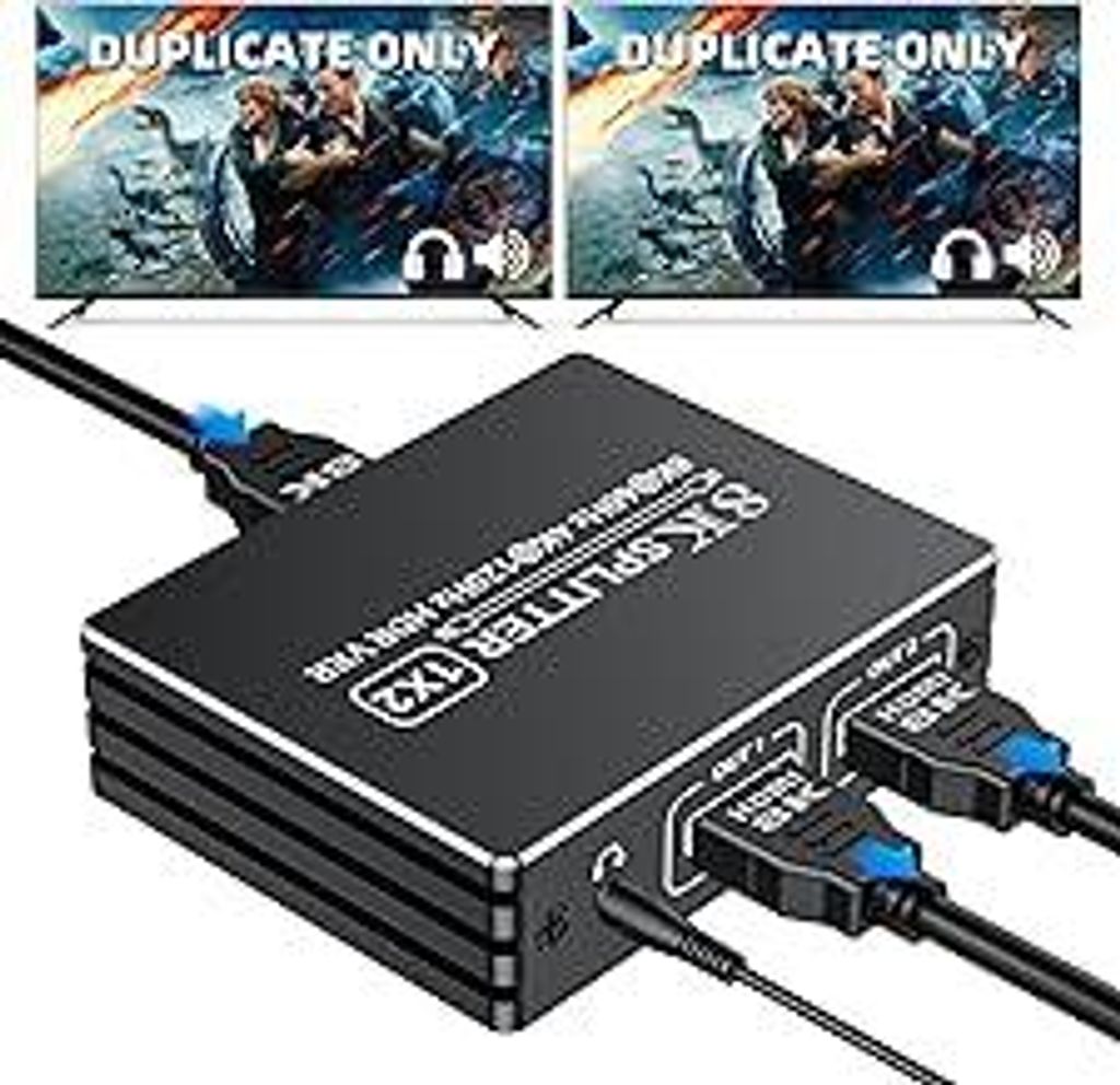 HDMI 2.1 Splitter 1 in 2 Out 4K 120Hz 8K 60Hz mit Audio, BolAAzuL 1x2 HDMI Verteiler 1 auf 2 Monitore Duplizieren Gleichzeitig, Powered, Plug&Play,...