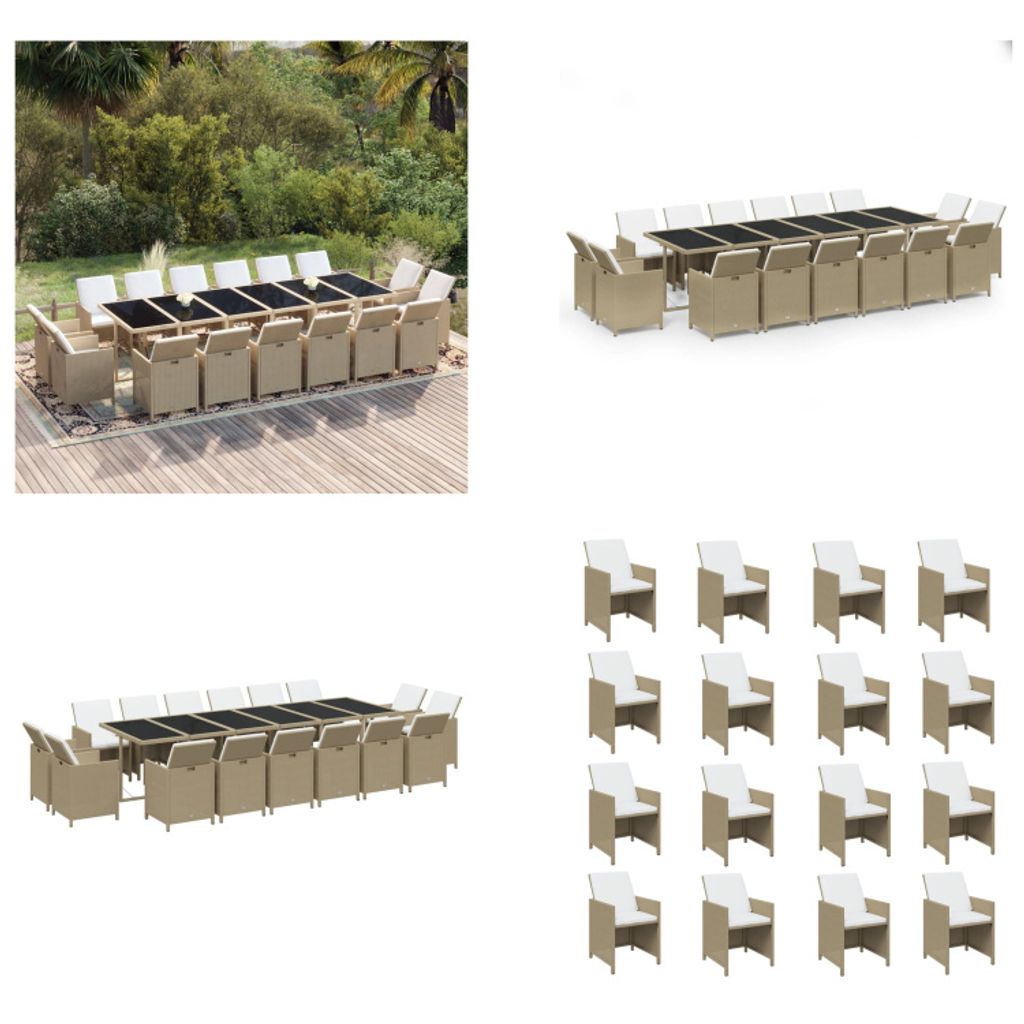 vidaXL 17 tlg. Garten Essgruppe mit Kissen Poly Rattan Beige - Garten Essgruppe - Outdoor Essgruppe - Garten-Essgarnitur - Garten-Essgarnituren