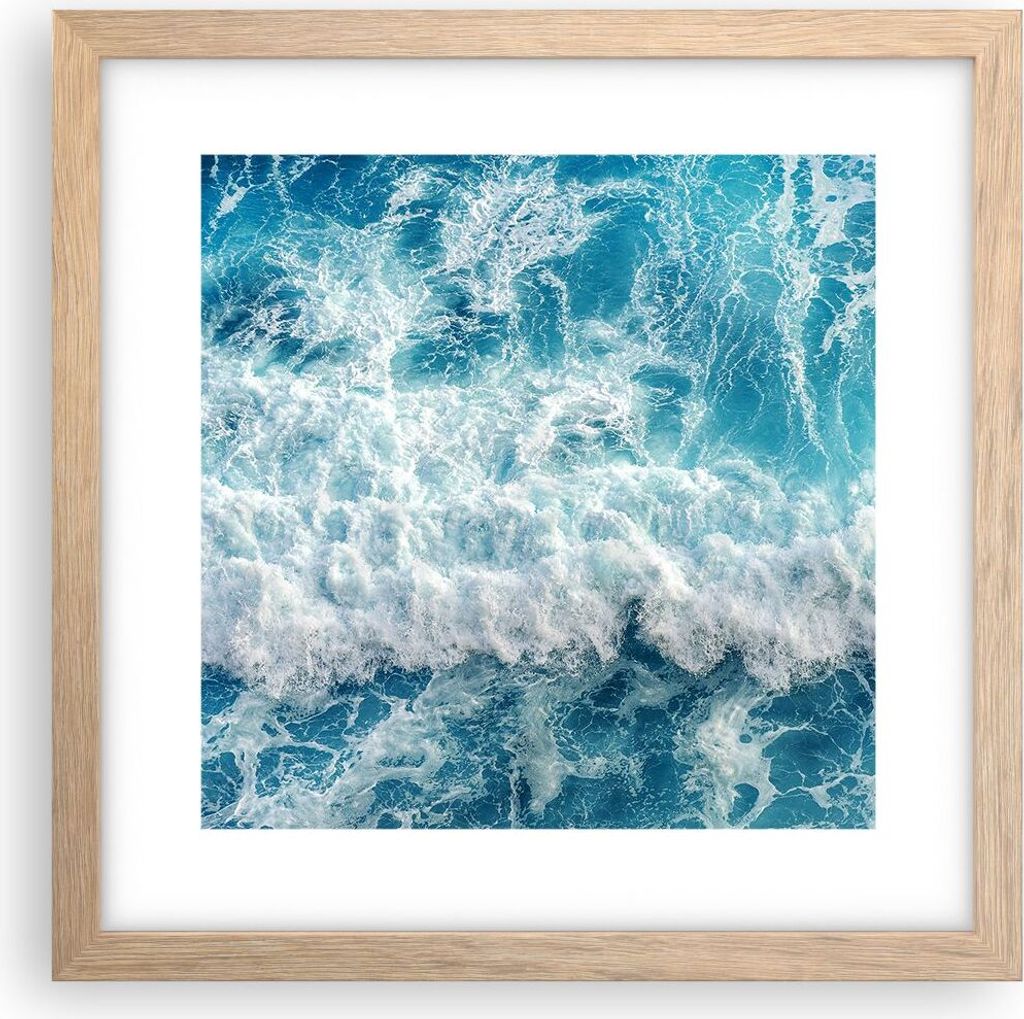 Gerahmtes Poster - Rahmen in heller Eiche - Meer Welle Ozean - 30x30 cm - Wand Bild - Wanddeko - Wandbilder - Kunstposter - Wandposter - Bilderrahm...