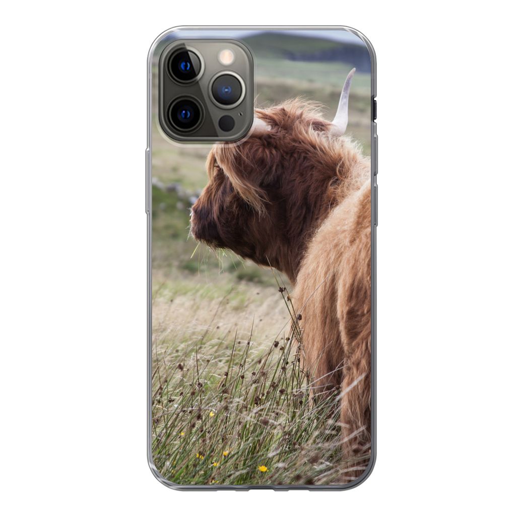 MuchoWow Handyhülle Schutzhülle Hülle für iPhone 12 Pro Schottische Highlander - Natur - Meer Silikon Softcase Handy Hülle - Abdeckung